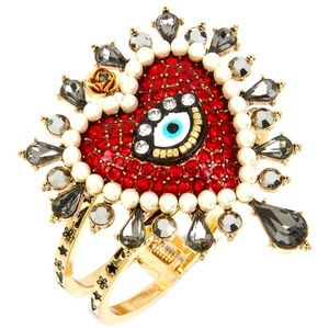 Betsey Johnson RARE ITEM! Red Crystal and Pearl Evil Eye Heart Bangle Bracel…